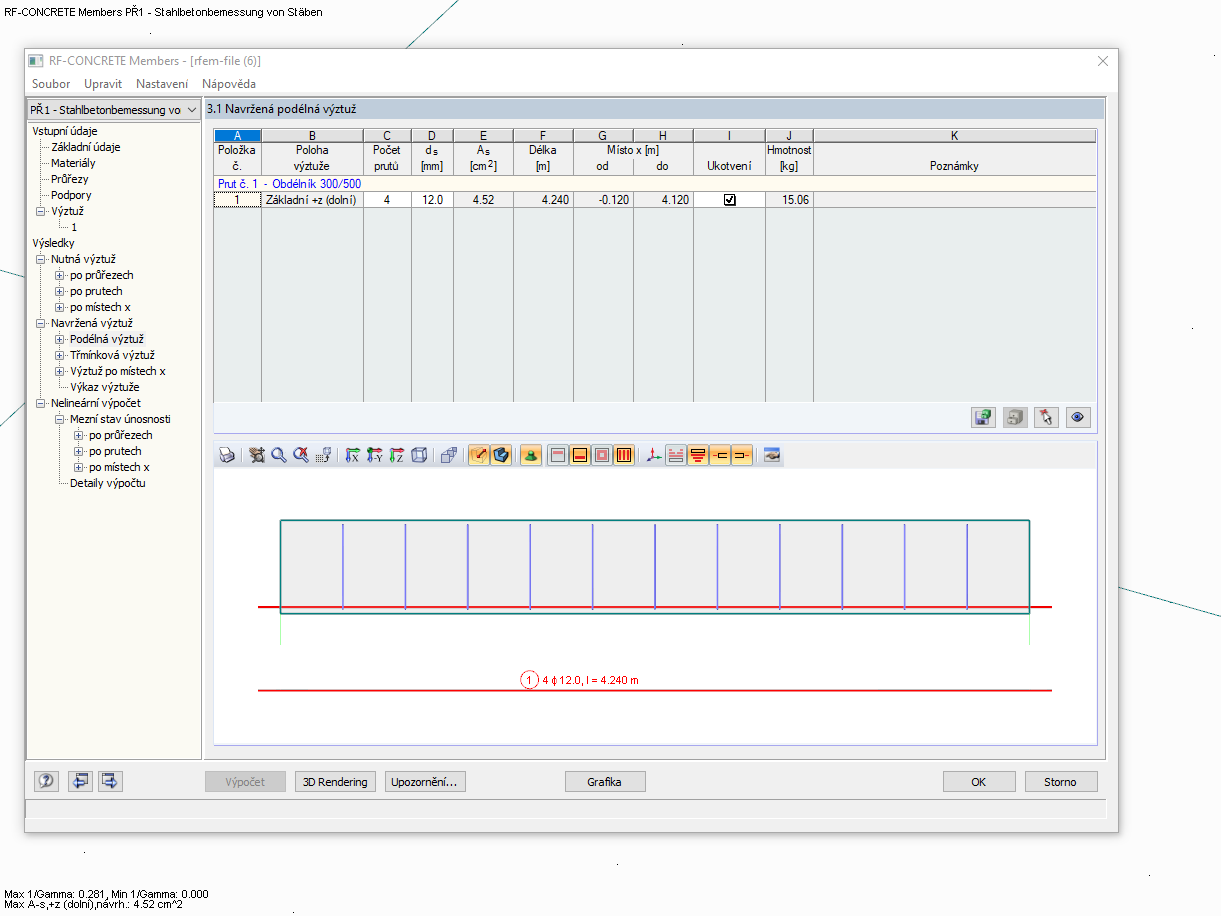 Tabulka 3.1 s navrženou výztuží