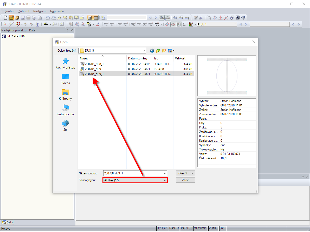 Otevření průřezu SHAPE-THIN 9 v programu SHAPE-THIN 8