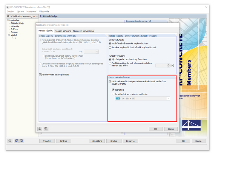 Nastavení detailů pro nelineární výpočet v MSP v přídavném modulu RF-CONCRETE Members