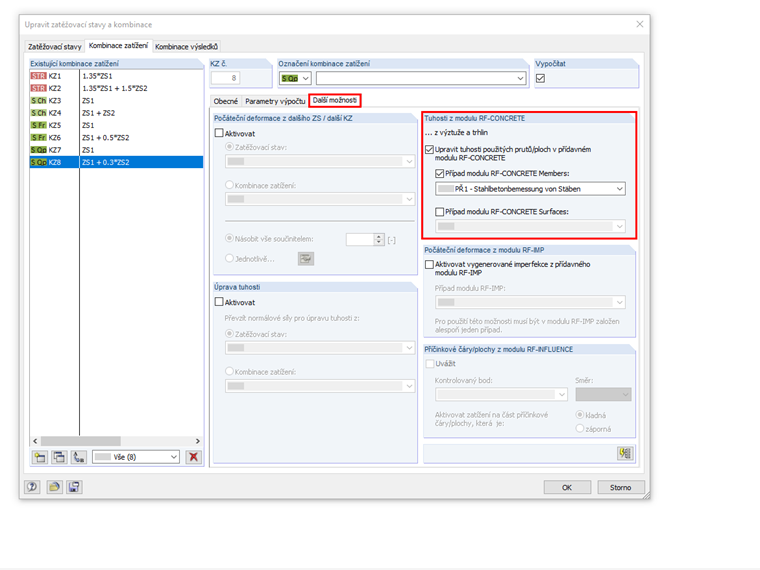 Další možnosti nastavení parametrů výpočtu pro kombinace zatížení v programu RFEM