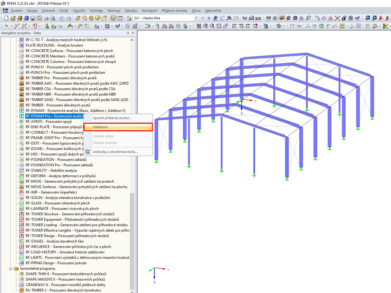Uložení přídavného modulu do oblíbených