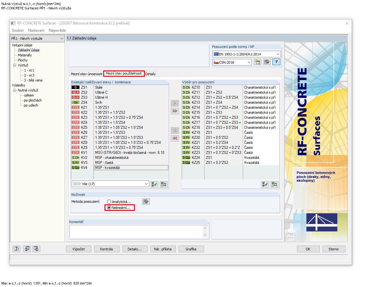 Aktivace RF-CONCRETE NL v přídavném modulu RF-CONCRETE Surfaces