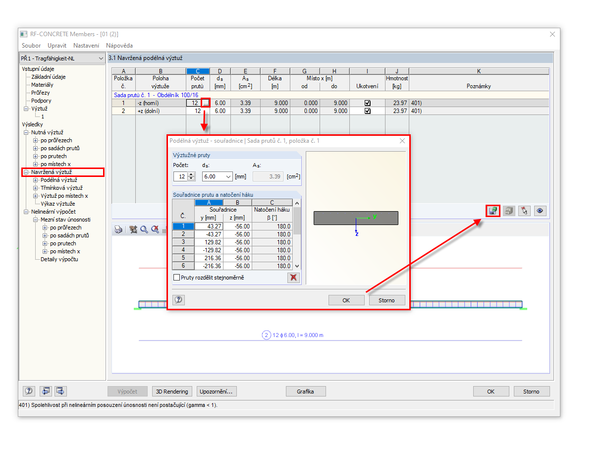 Uložení navržené výztuže
