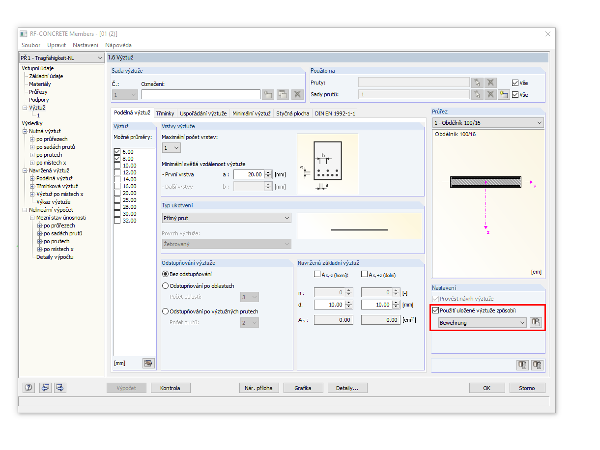 Výběr uložené výztuže