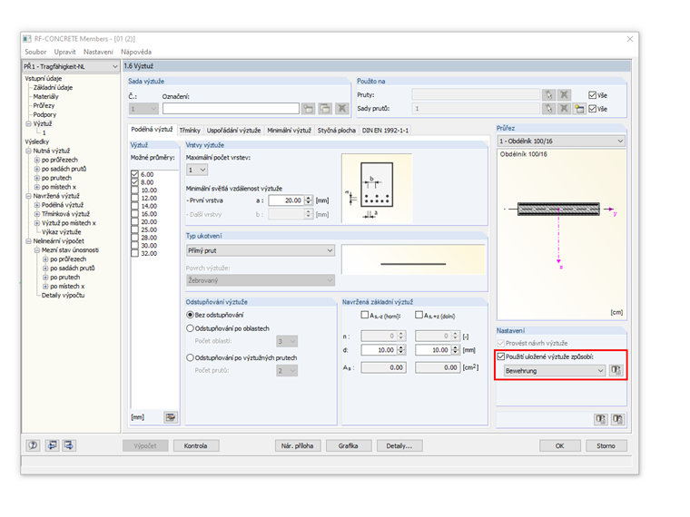 Výběr uložené výztuže