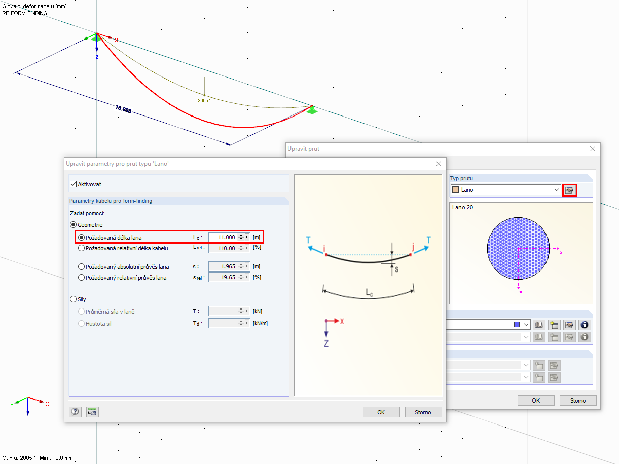 Zadání požadované délky lana