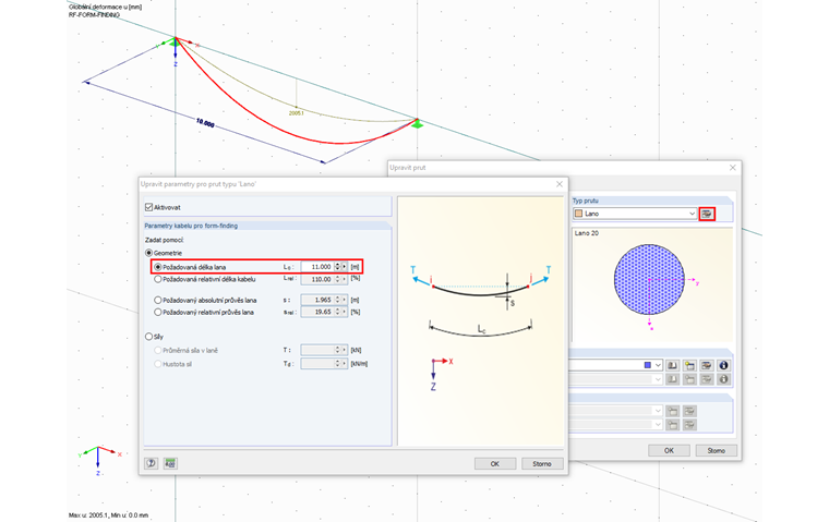 Zadání požadované délky lana