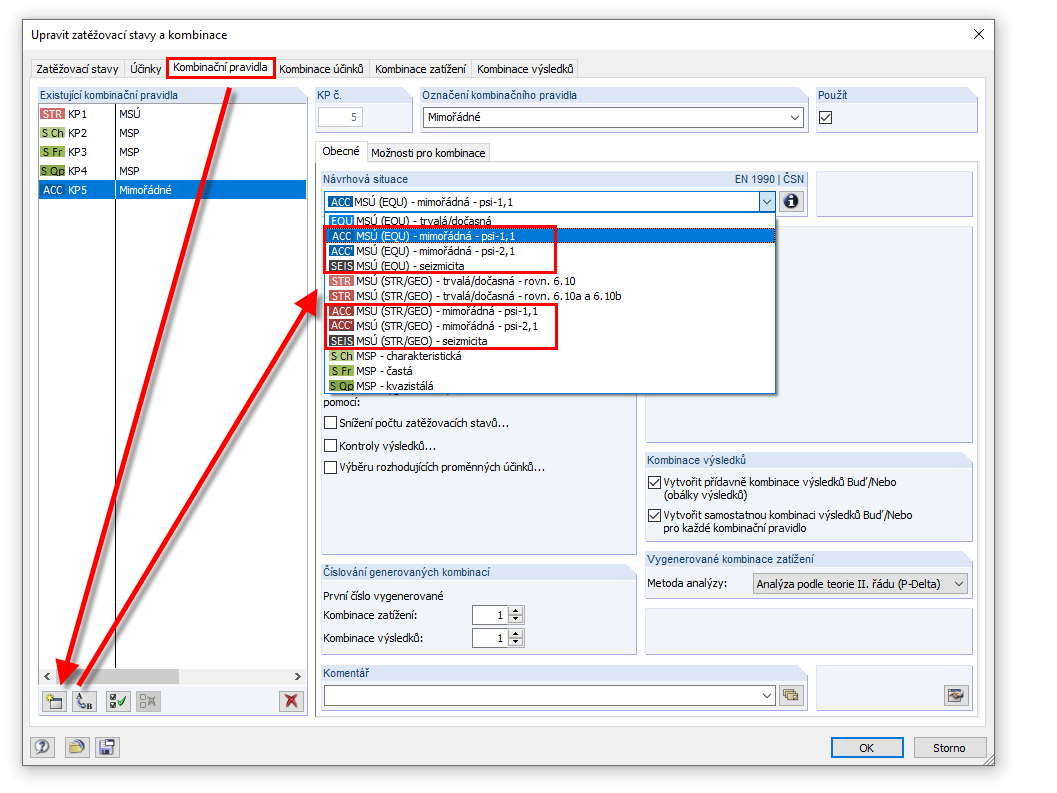 Vytvoření nového kombinačního pravidla a výběr návrhové situace