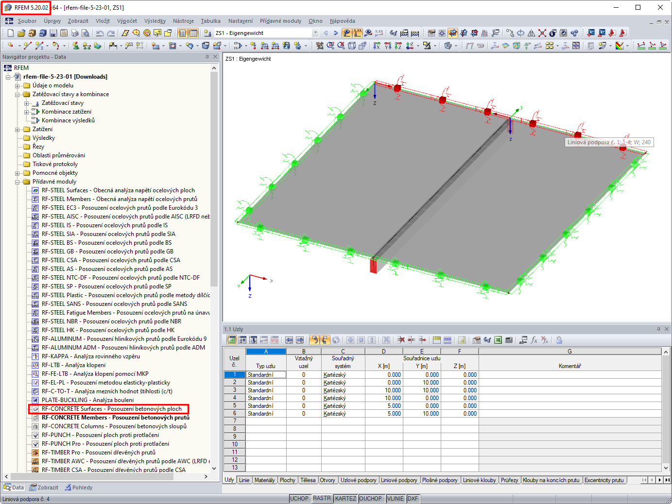 Obrázek z verze 5.20.01 - Chybějící data z přídavného modulu RF-CONCRETE Surfaces
