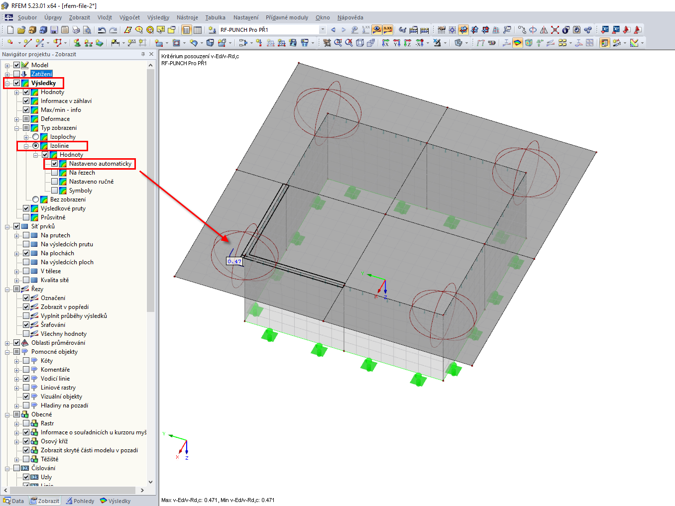 Nastavení v navigátoru Zobrazit pro aktivaci možnosti zobrazení výsledkových hodnot "Nastaveno automaticky"