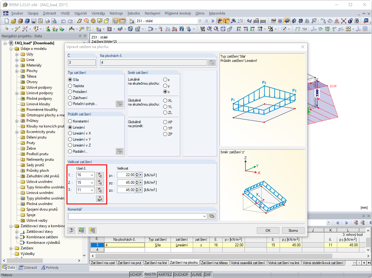 Uzly definující velikost zatížení je třeba změnit.