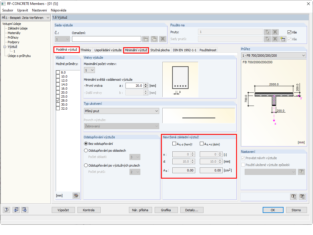 Zadání základní nebo minimální výztuže