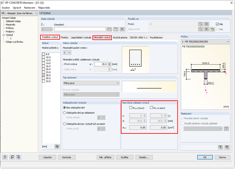 Zadání základní nebo minimální výztuže