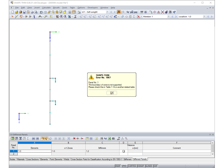 Chybové hlášení "Krajní c/t-část není podepřena."