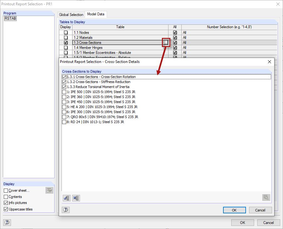 Výběr tiskového protokolu - detaily průřezu