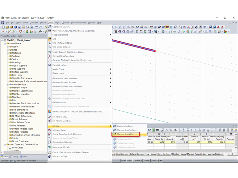 Funkce pro tažení linií a prutů