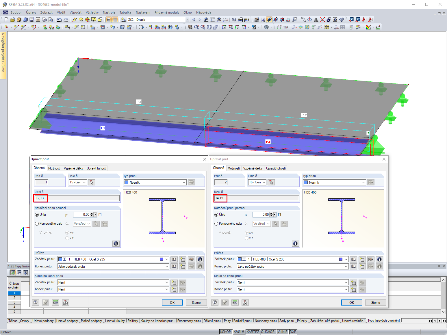 Linie a uzly prutů 1 a 2