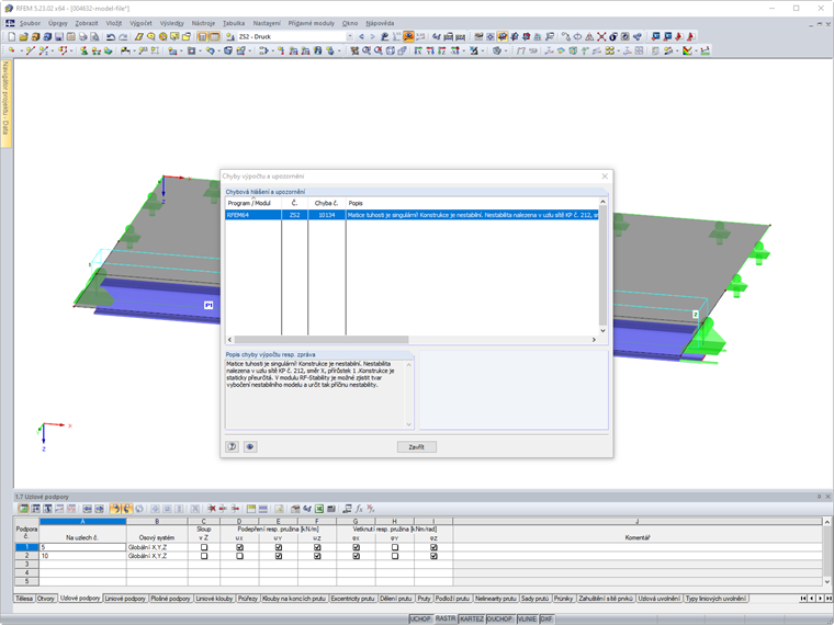Chybové hlášení "Matice tuhosti je singulární!"