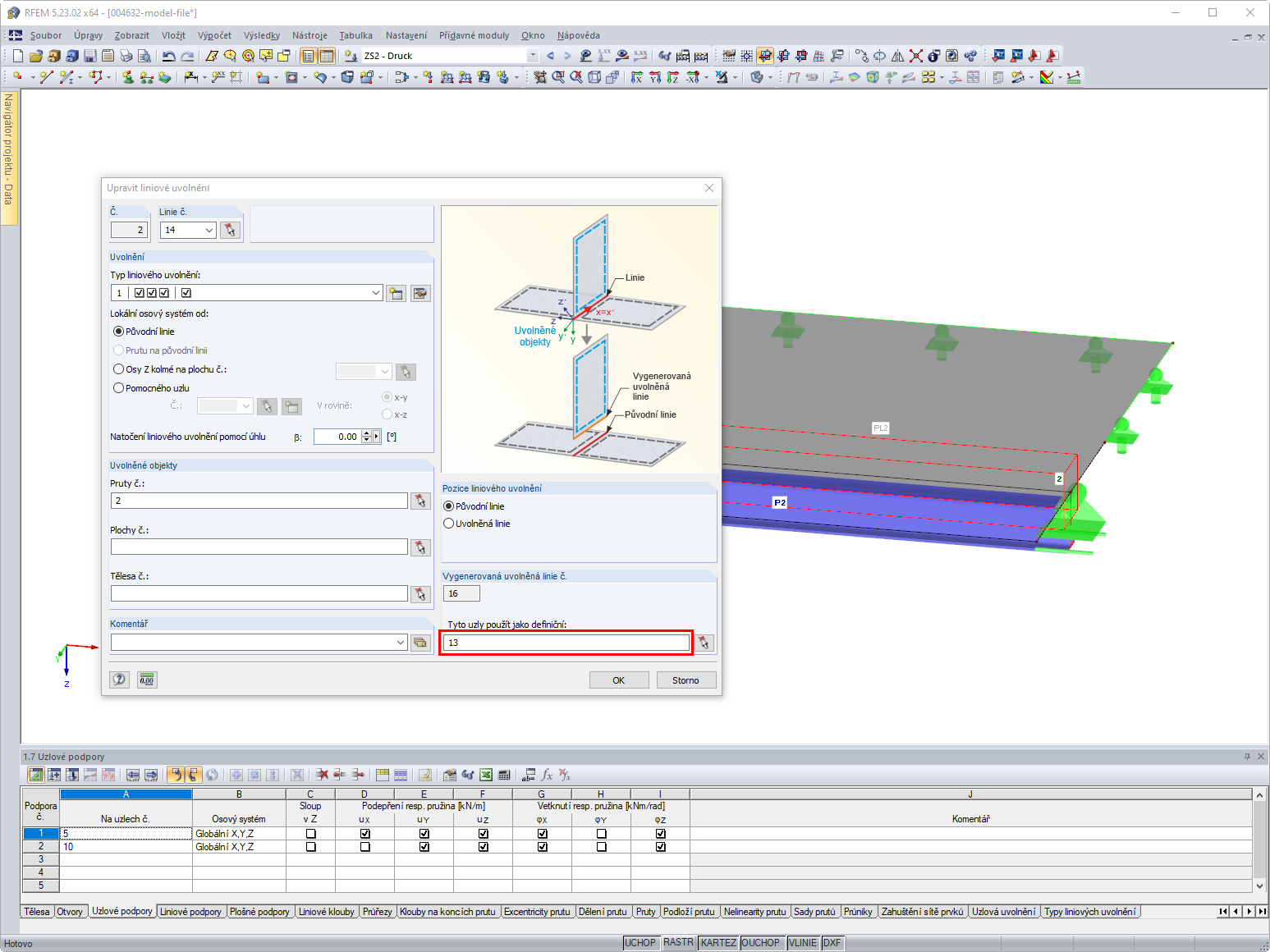 Liniové uvolnění 2 s definičním uzlem