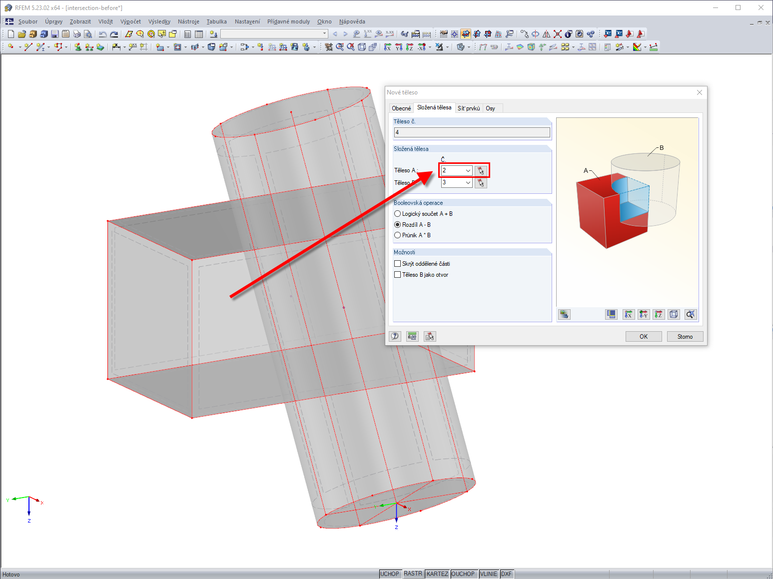 Vytvoření nového tělesa odečtením válce od kvádru