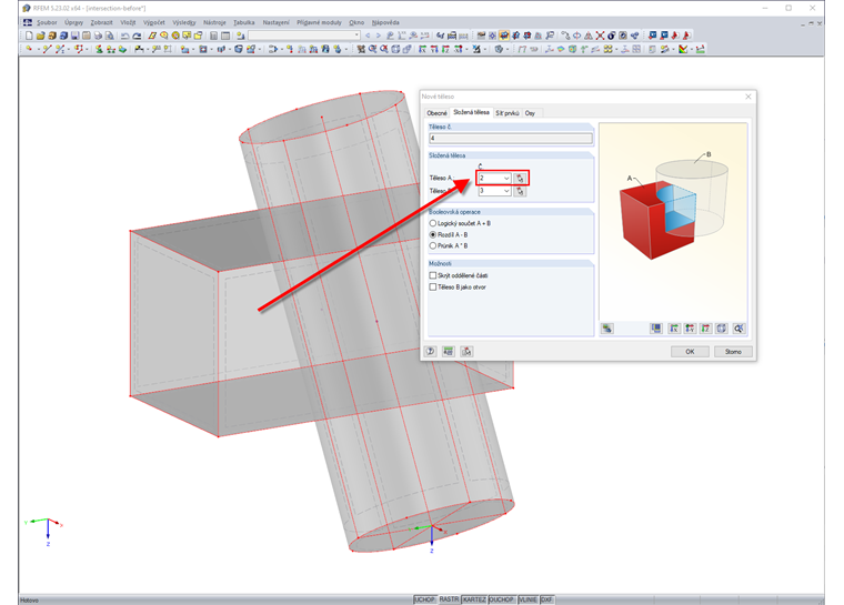 Vytvoření nového tělesa odečtením válce od kvádru