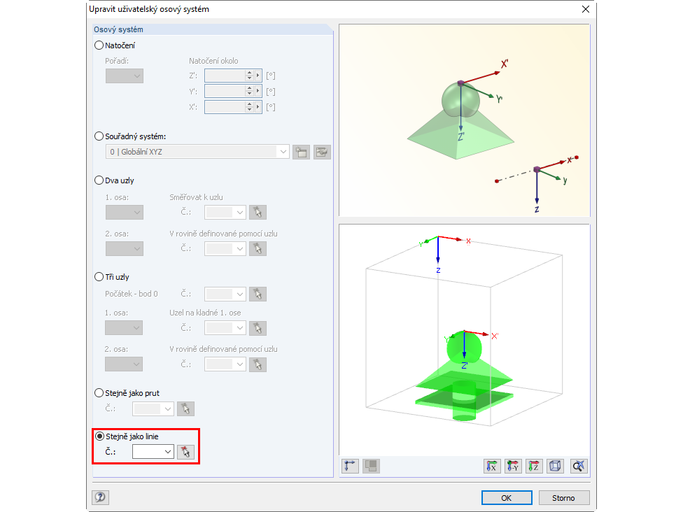 Dialog "Upravit uživatelský osový systém" - možnost "Stejně jako linie"