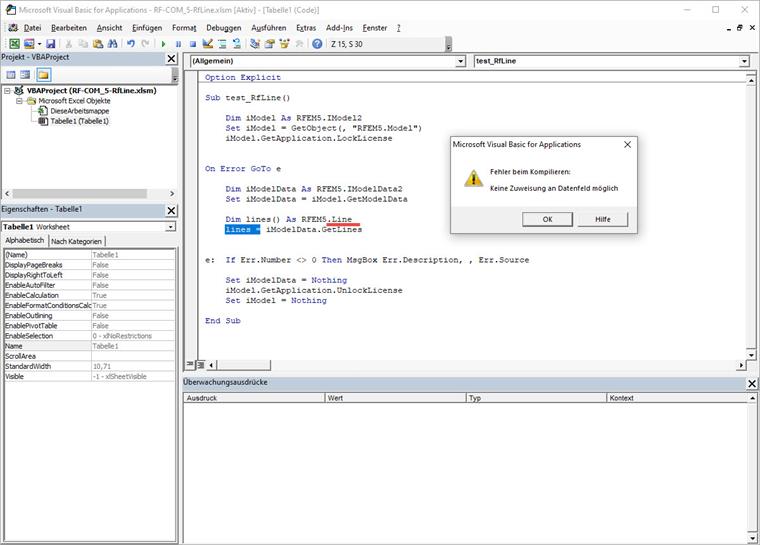 Objekt RFEM.Line způsobuje vnitřní chybu v EXCELu