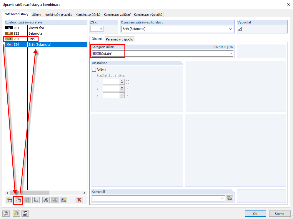 Kopírování zatěžovacího stavu a přiřazení kategorie účinků