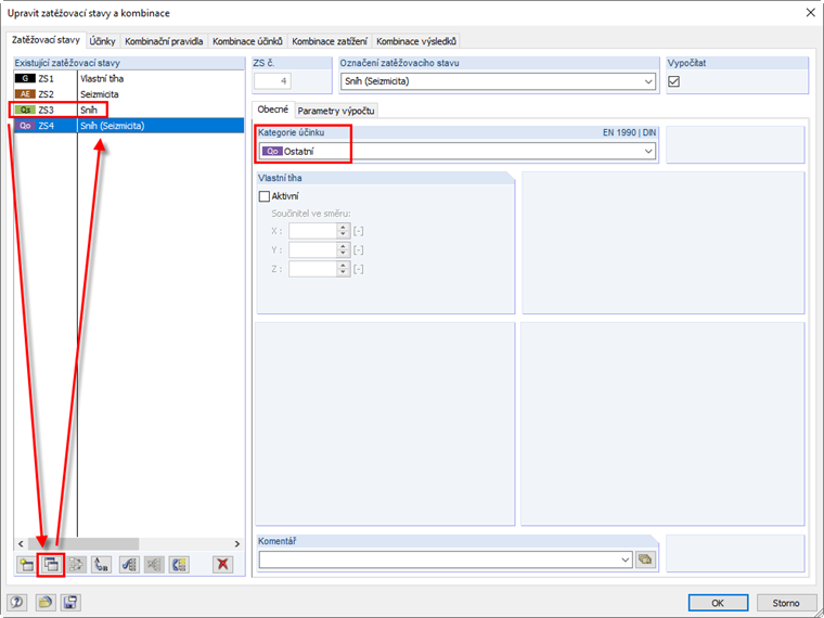 Kopírování zatěžovacího stavu a přiřazení kategorie účinků