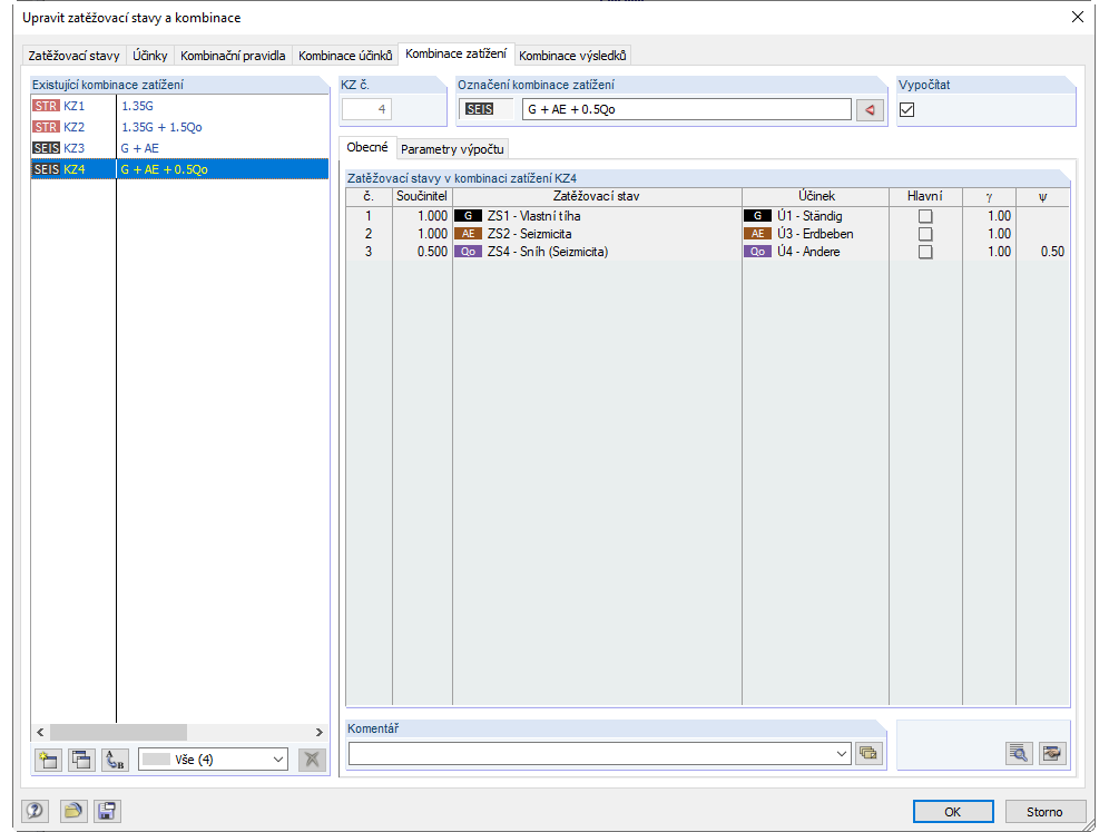 Hotové vygenerované kombinace zatížení