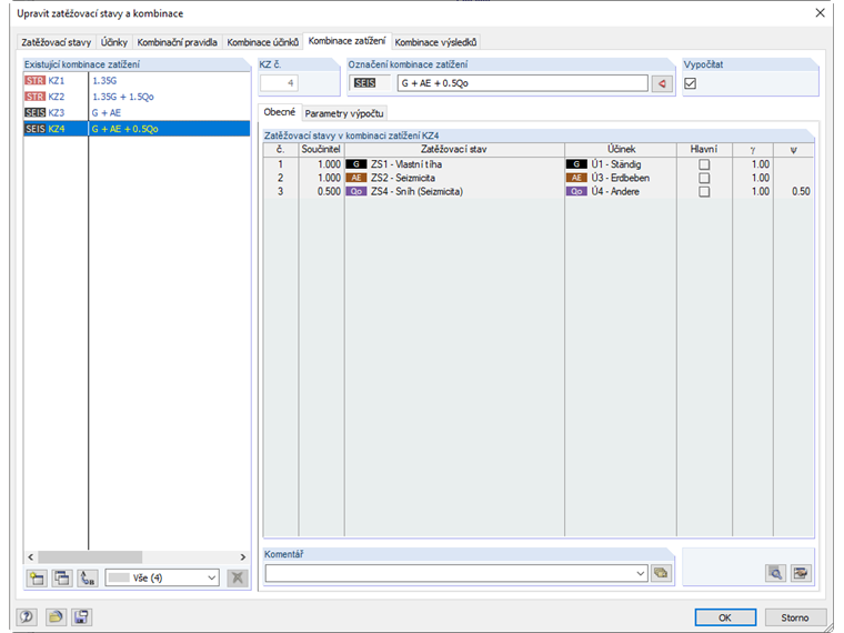 Hotové vygenerované kombinace zatížení