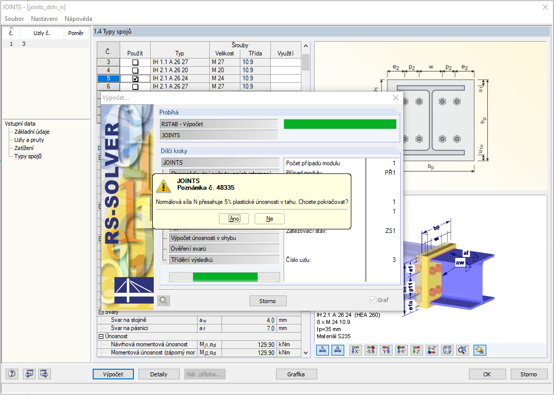 Upozornění při působící normálové síle > 5 % N_pl, Rd