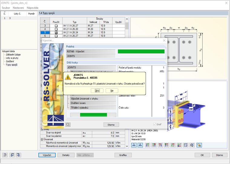 Upozornění při působící normálové síle > 5 % N_pl, Rd
