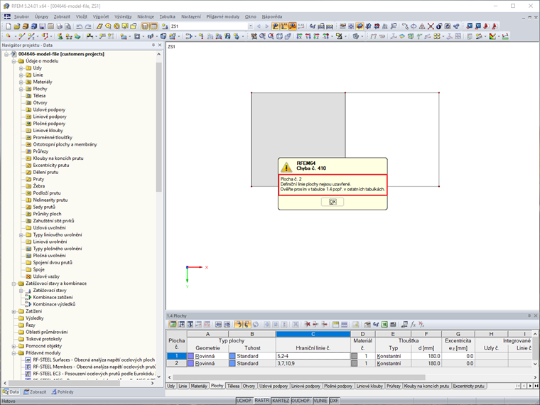 Chybové hlášení "Definiční linie plochy nejsou uzavřené."