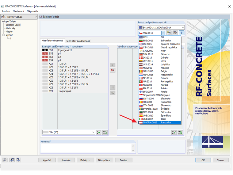 Dialog 1.1 v přídavném modulu RF-CONCRETE Surfaces s výběrem národní přílohy "ÖNORM"
