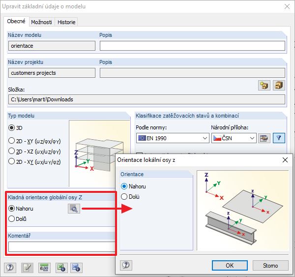 Kladné zadání vnitřních sil pro lokální osu z směrem dolů