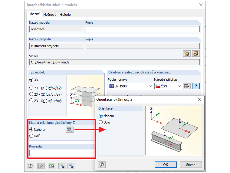 Kladné zadání vnitřních sil pro lokální osu z směrem dolů