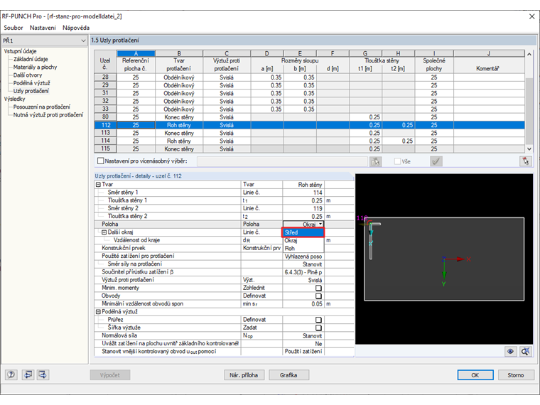 Dialog 1.5 v přídavném modulu RF-PUNCH Pro s nastavením podpor rohu stěny