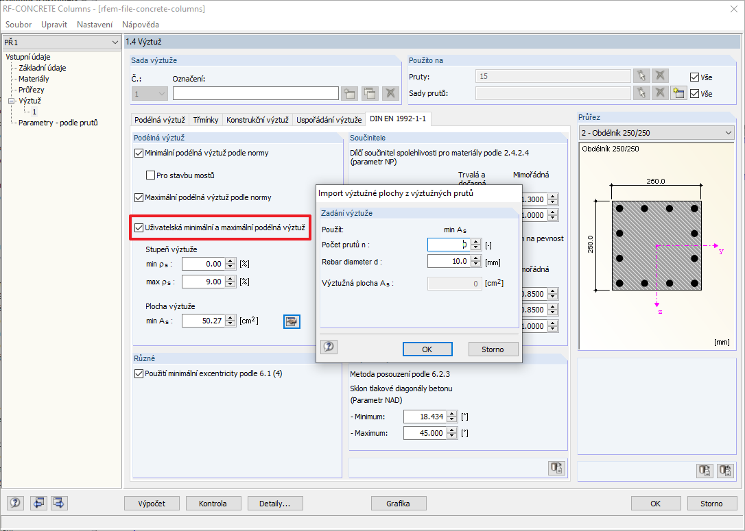 Dialog 1.4 v přídavném modulu RF-CONCRETE Columns s nastavením navržené základní výztuže