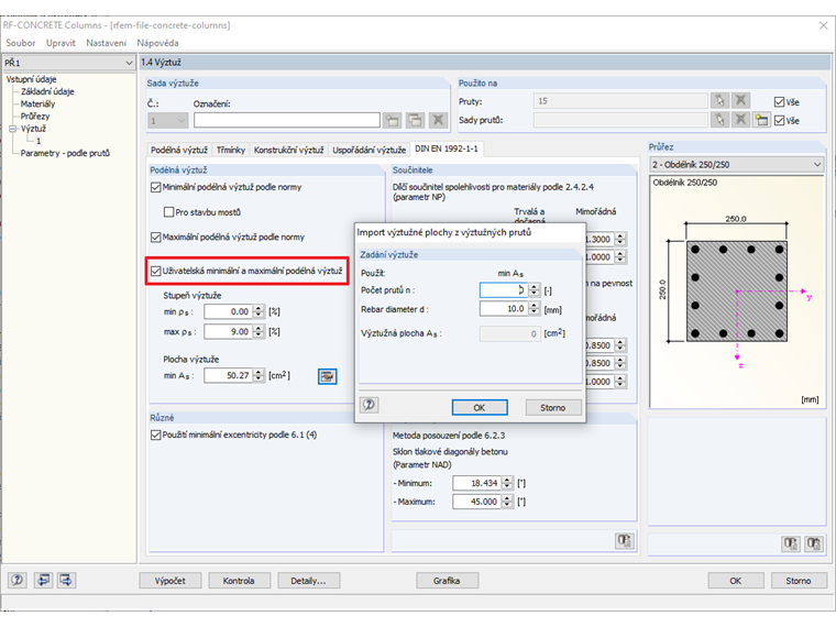 Dialog 1.4 v přídavném modulu RF-CONCRETE Columns s nastavením navržené základní výztuže