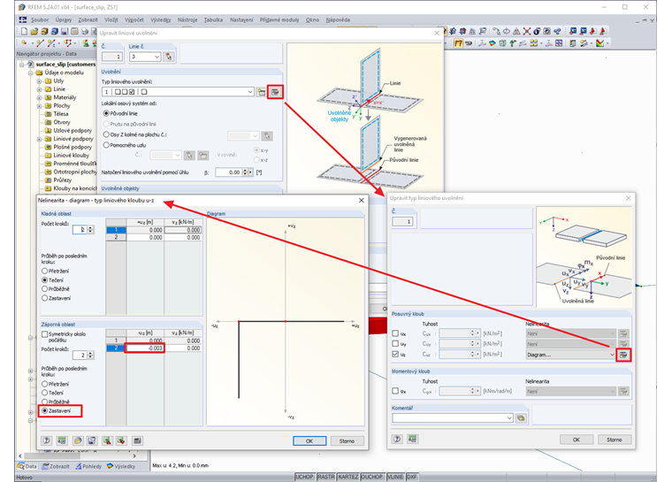 Liniové uvolnění s prokluzem 3 mm v záporném směru