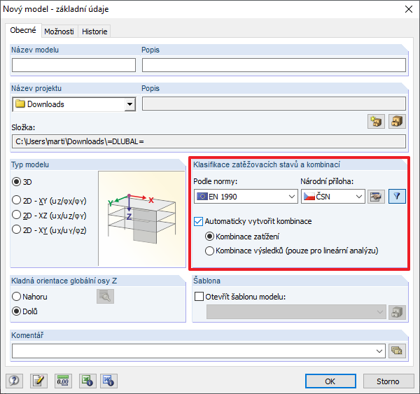 Aktivace automatického generování kombinací v dialogu "Upravit základní údaje o modelu"