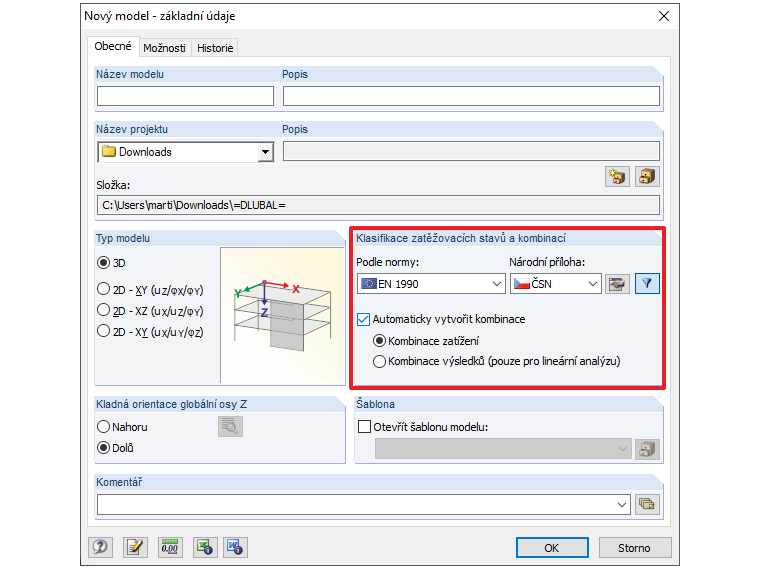 Aktivace automatického generování kombinací v dialogu "Upravit základní údaje o modelu"