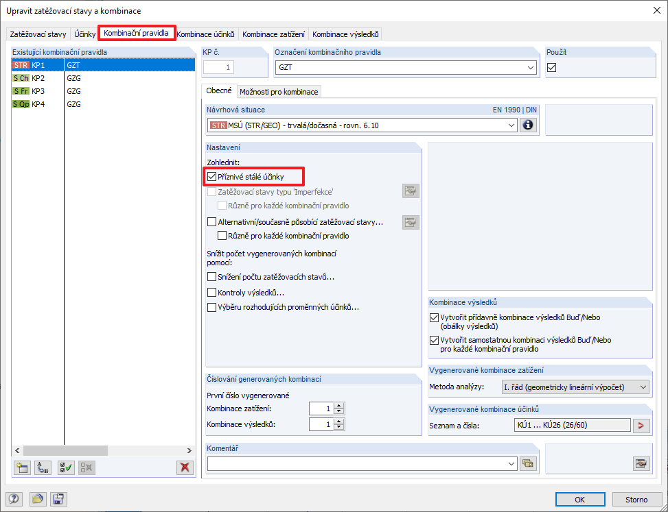 Záložka "Kombinační pravidla" s možností pro příznivě působící stálé zatížení