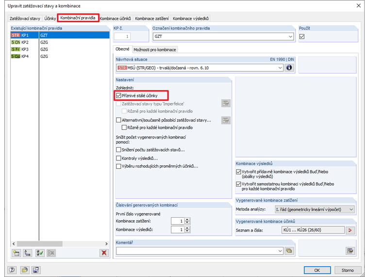 Záložka "Kombinační pravidla" s možností pro příznivě působící stálé zatížení