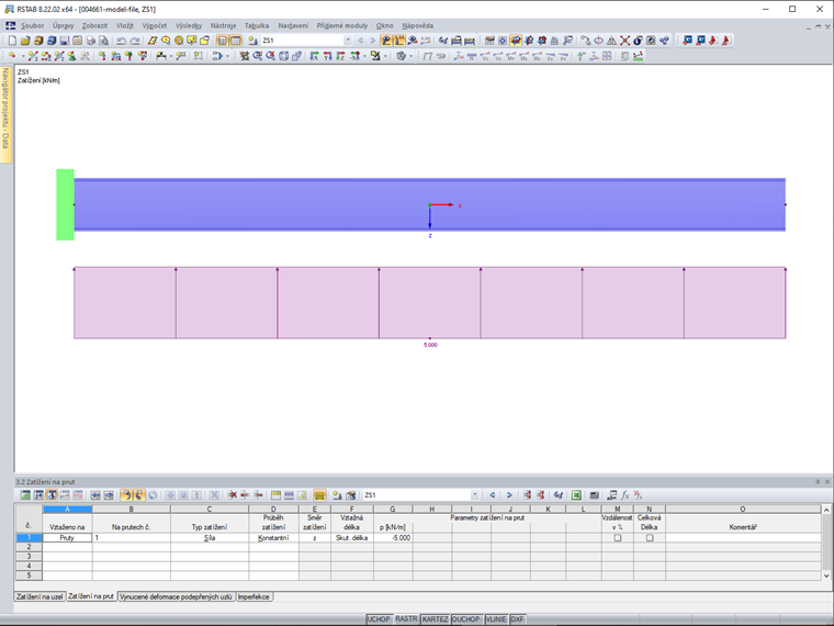 Zatížení na prut ve směru záporné lokální osy prutu z