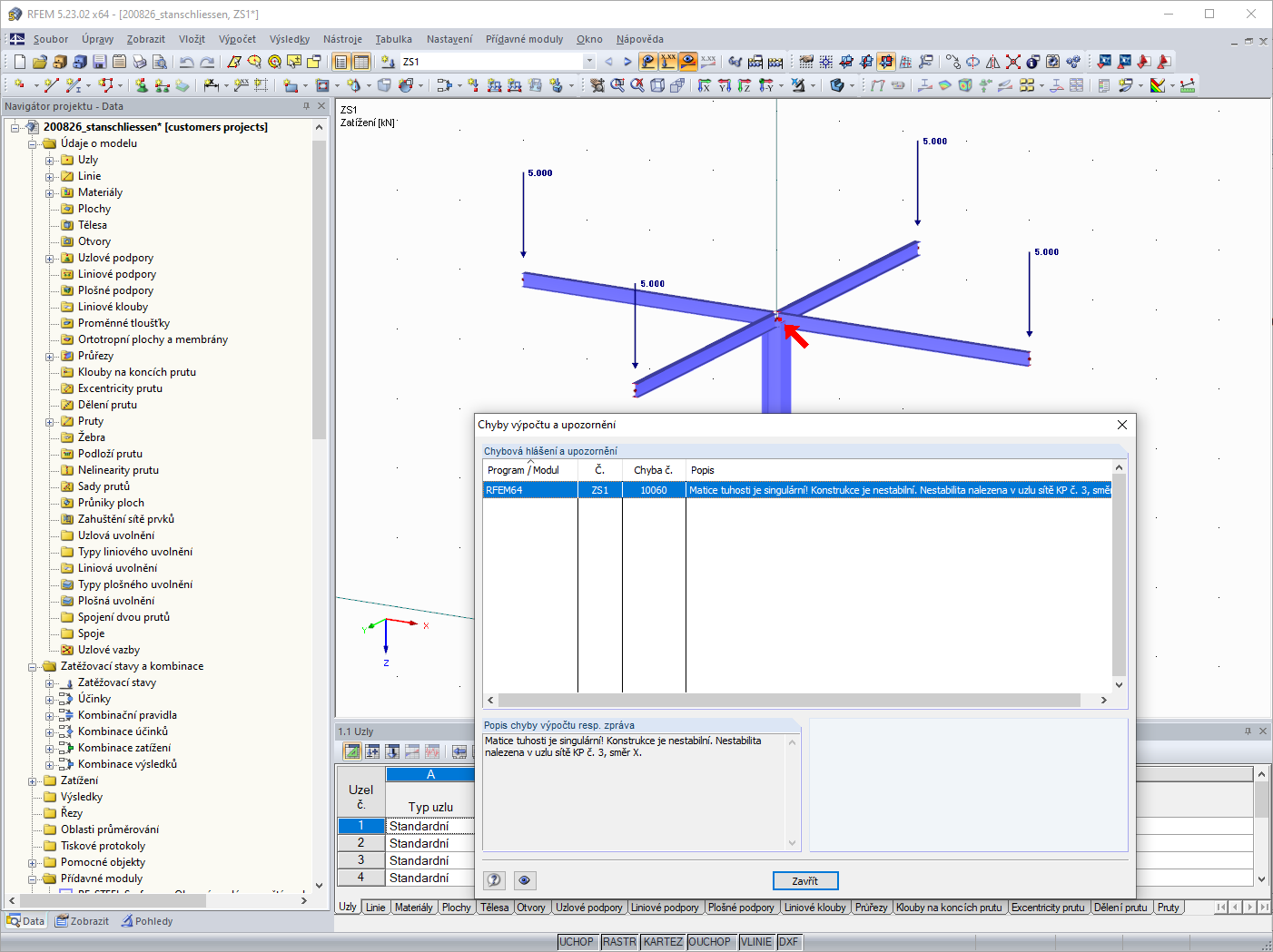 Systém je nestabilní, pruty nejsou spojené