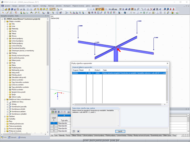 Systém je nestabilní, pruty nejsou spojené