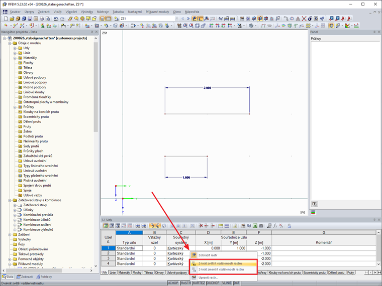 Stavový řádek - místní nabídka RASTR