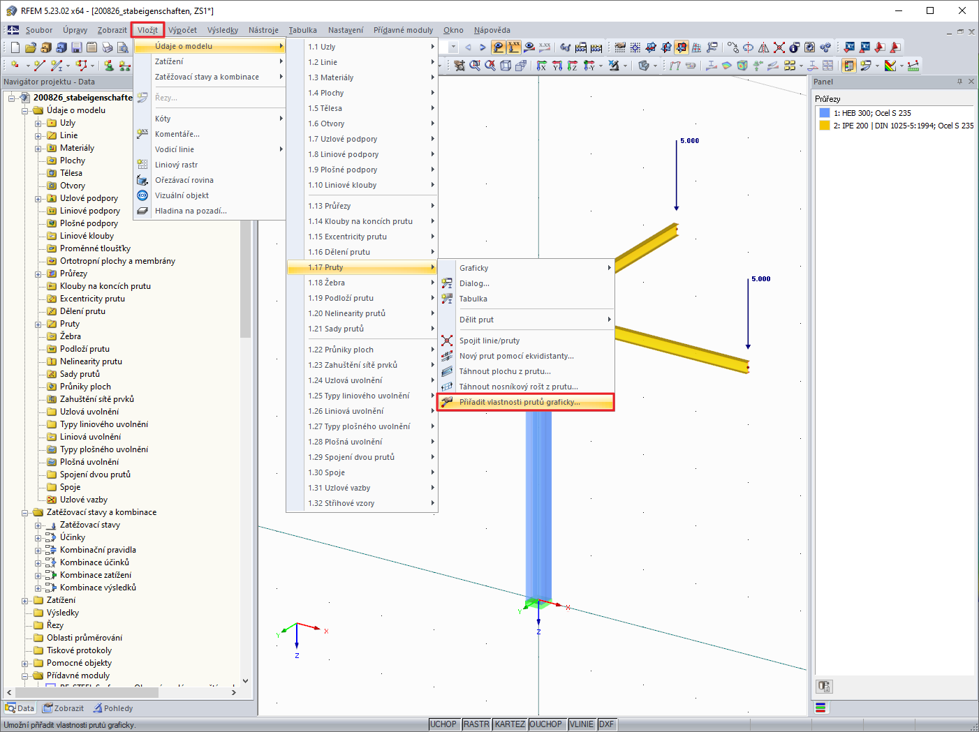 Funkce "Přiřadit vlastnosti prutů graficky"